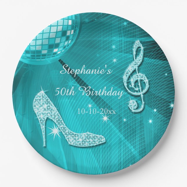 Aqua Disco Ball and Heels 50th Birthday Paper Plate (Front)