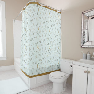 Aqua Ditsy Floral Shower Curtain Antique Gold Trim