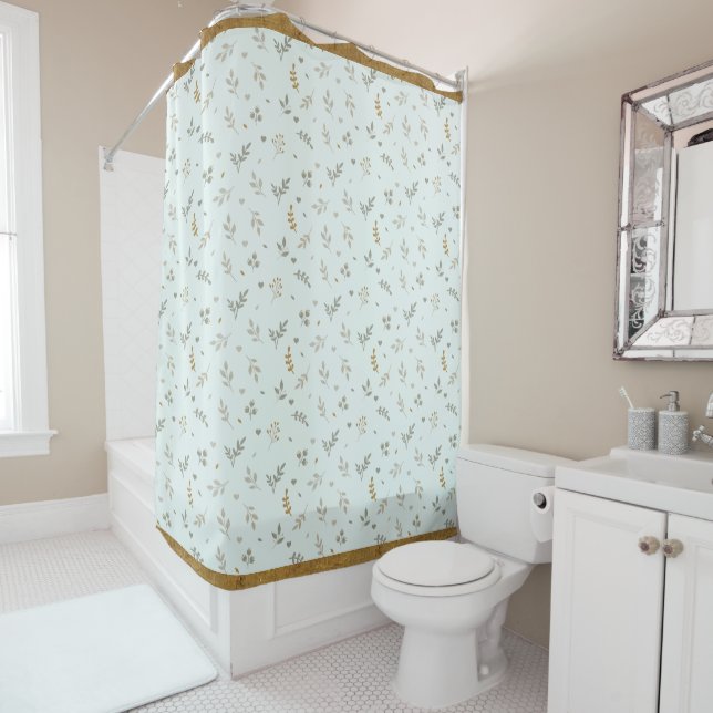 Aqua Ditsy Floral Shower Curtain Antique Gold Trim (In Situ)