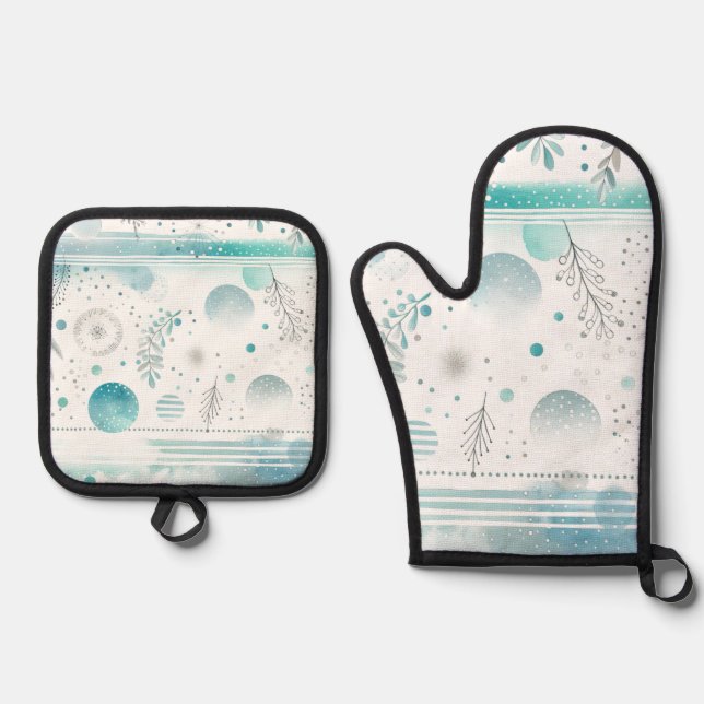 Aqua Dots and Foliage Design Oven Mitt & Pot Holder Set (Front)