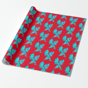 Aqua Dragon Fantasy Mythical Creature Red Wrapping Paper