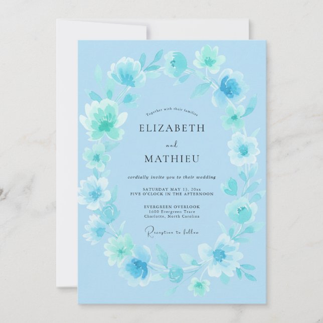 Aqua Dreamy Blossom Wedding Invitation (Front)