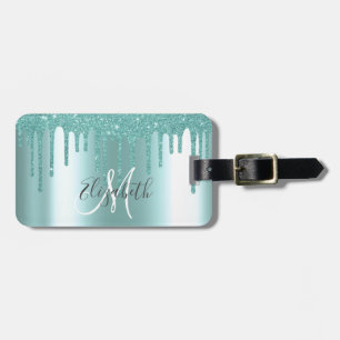 Aqua Drips Glitter Metal Monogram  Luggage Tag