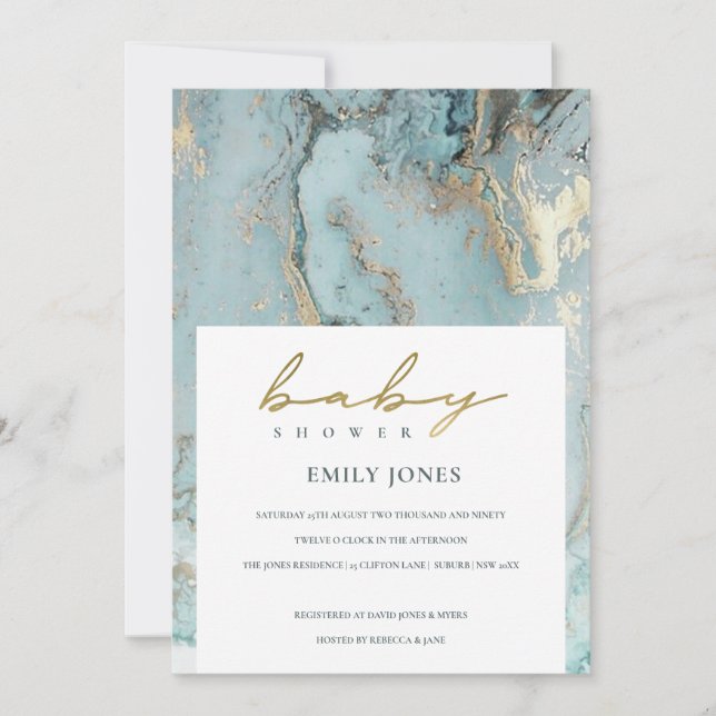 AQUA DUSKY BLUE GOLD AGATE BABY SHOWER INVITE (Front)