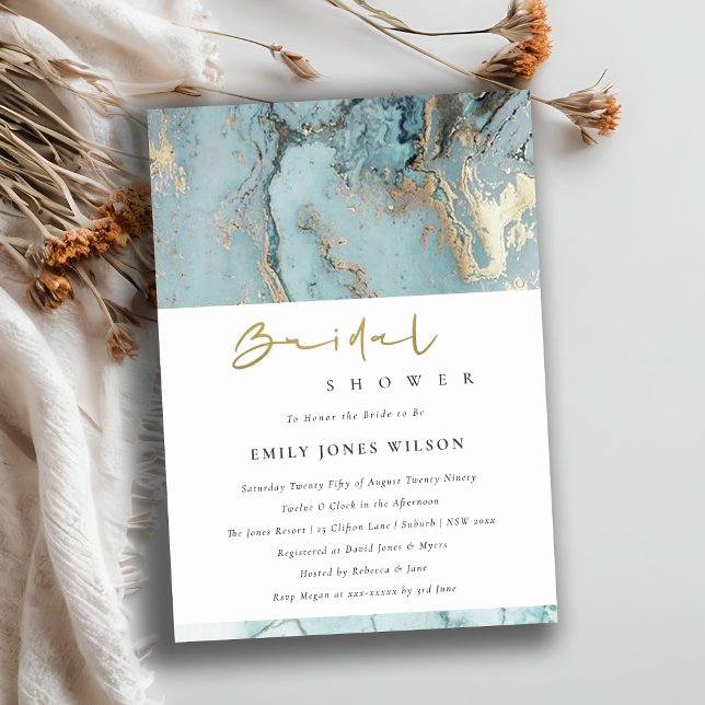AQUA DUSKY BLUE GOLD AGATE BRIDAL SHOWER INVITE (Creator Uploaded)