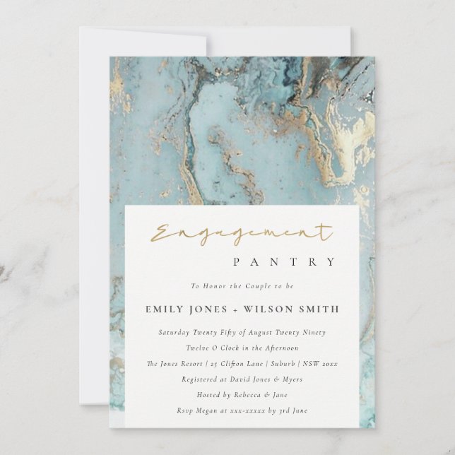 AQUA DUSKY BLUE GOLD AGATE COUPLES SHOWER INVITE (Front)