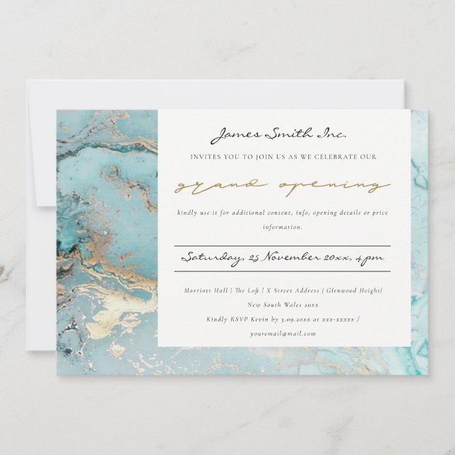 AQUA DUSKY BLUE GOLD AGATE  GRAND OPENING INVITE (Front)