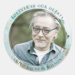 AQUA DUSKY BLUE GOLD AGATE SYMPATHY MEMORIAL PHOTO CLASSIC ROUND STICKER