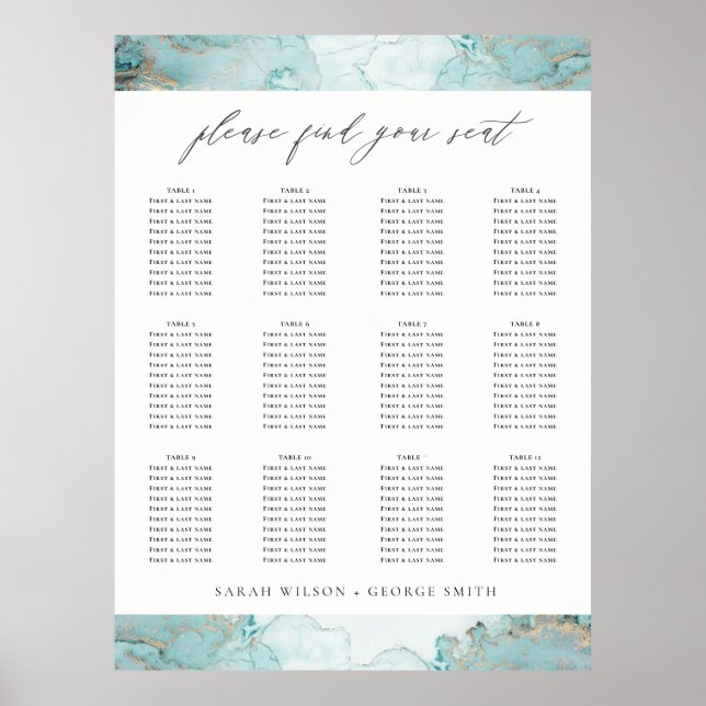 AQUA DUSKY BLUE GOLD AGATE WEDDING SEATING CHART (Front)