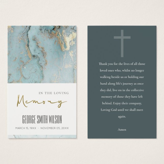 AQUA DUSKY BLUE GOLD SYMPATHY MEMORIAL PRAYER CARD (Front & Back)