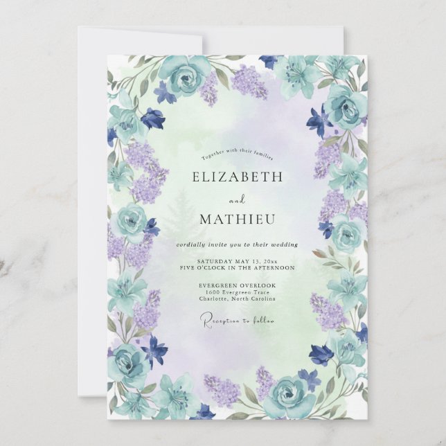Aqua Dusty Lilac Peony Wedding Invitation (Front)