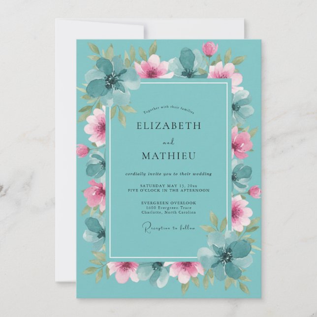 Aqua Dusty Pink Peony Wedding Invitation (Front)