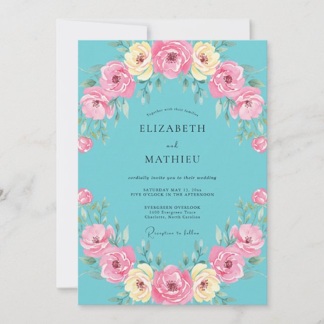 Aqua Dusty Pink Wreath Wedding Invitation (Front)