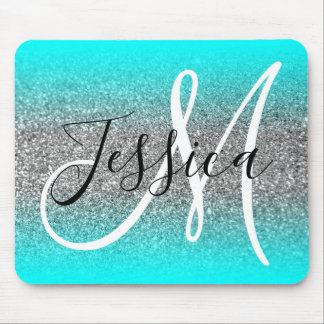 Aqua Edge Ombre Silver Glitter Monogram Mouse Mat