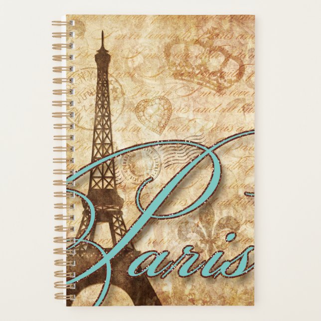 Aqua Eiffel Tower Paris French Country Script Planner (Front)