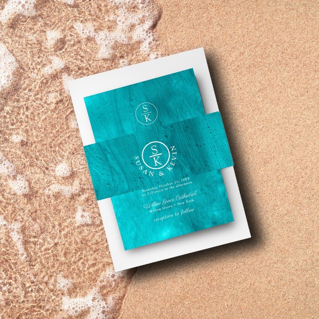 Aqua Elegance Turquoise & Teal Watercolor Wedding Invitation Belly Band (Creator Uploaded)