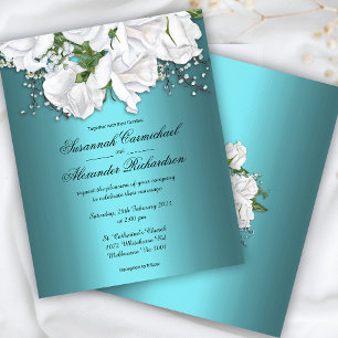 Aqua Elegance, White Roses Budget Wedding Invite Flyer
