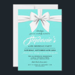 Aqua Elegant Bow White Tiffany Birthday Invitation<br><div class="desc">This aqua blue Tiffany theme birthday party invitation is perfect for any woman, girl or teen who has everything. Use the products in this collection for birthday party, promotional event, sweet sixteen, anniversary, bridal shower, breakfast at an elegant restaurant or any milestone party with a luxury aesthetic. Teal blue, white...</div>