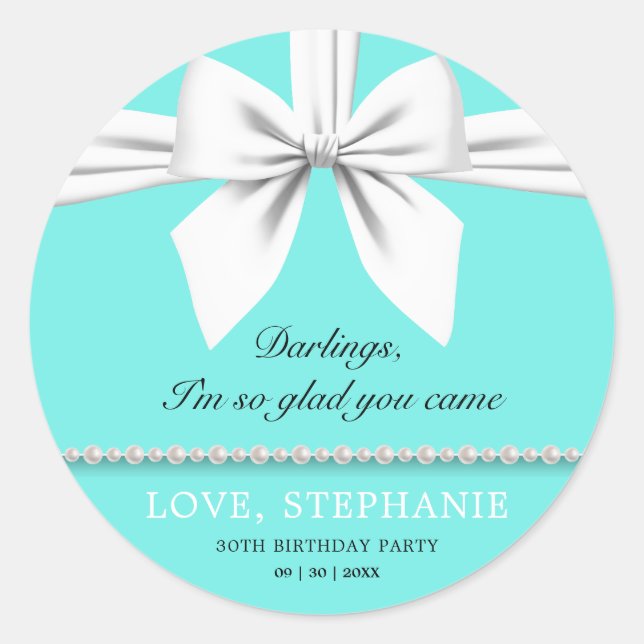 Aqua Elegant Fancy Tiffany Birthday Thank You Classic Round Sticker (Front)