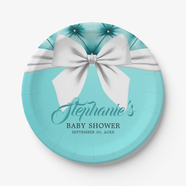 Aqua Elegant Tiffany Chic Bow Fancy Baby Shower Paper Plate (Front)