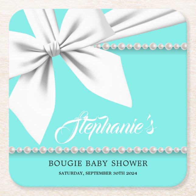 Aqua Elegant Tiffany Pearls Fancy Baby Shower Square Paper Coaster (Front)