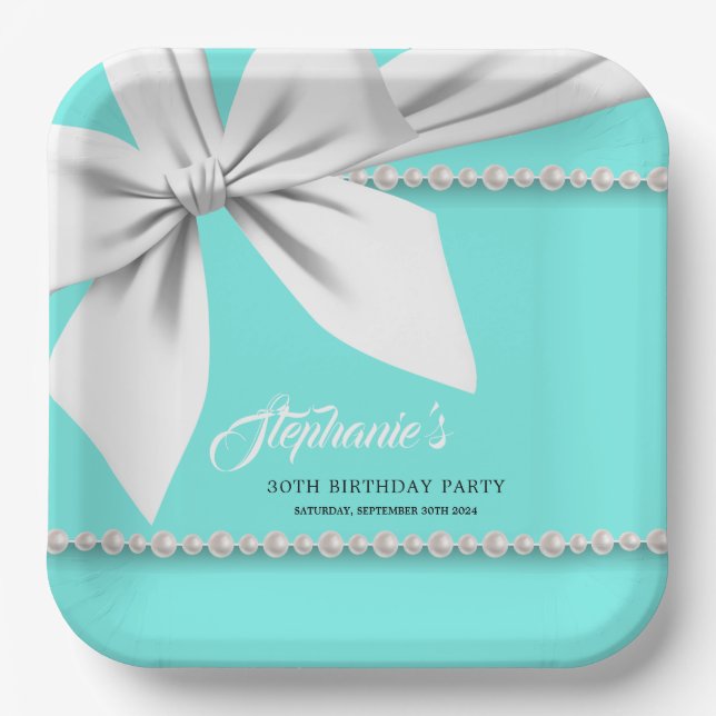 Aqua Elegant Tiffany Pearls Fancy Party Tableware Paper Plate (Front)