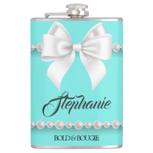 Aqua Elegant Tiffany Pearls Girly Fancy Bougie Hip Flask