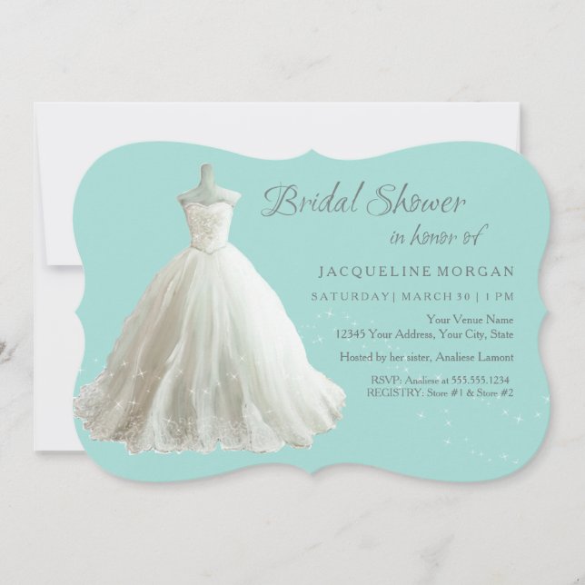 Aqua Elegant Wedding Gown Bridal Shower Invitation (Front)