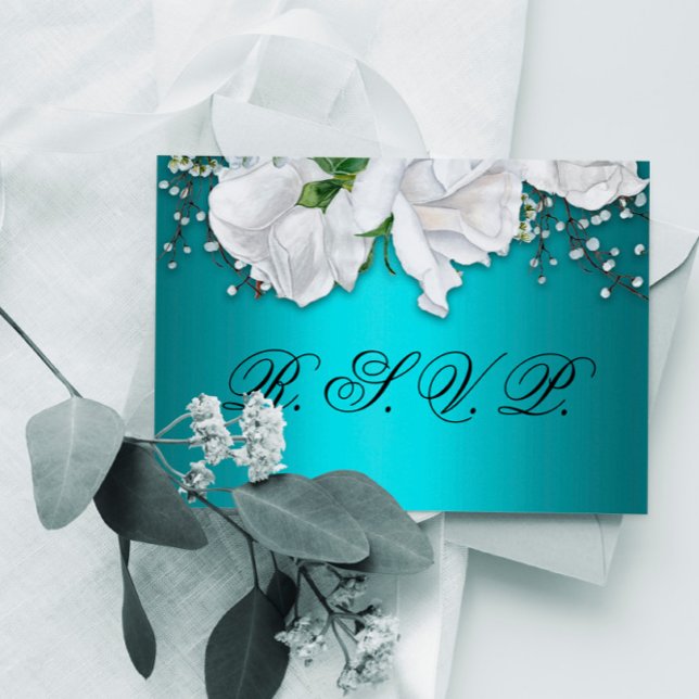 Aqua Elegant White Floral Wedding RSVP Card (Creator Uploaded)
