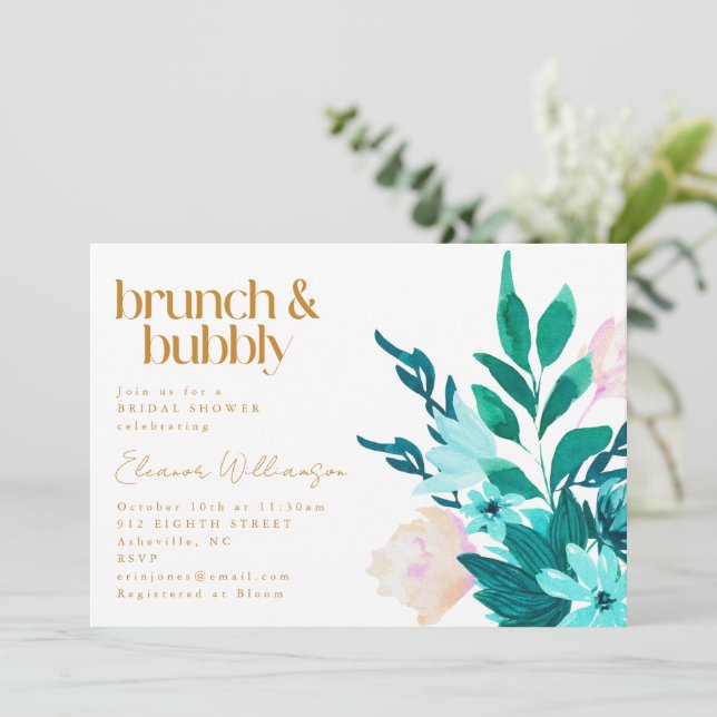 Aqua Emerald Green Watercolor Floral Bridal Shower Invitation (Standing Front)