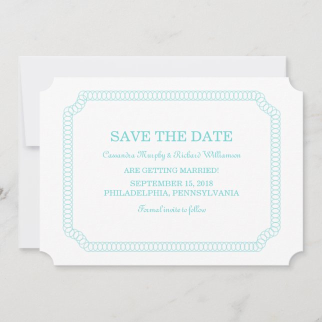 Aqua Encircled Ticket Save the Date Invite (Front)