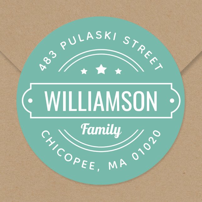 Aqua Family Name Badge Round Return Address Label (Creator Uploaded)