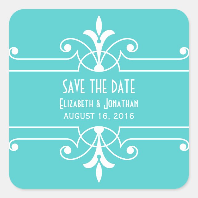 Aqua Fancy Ornamental Save the Date Stickers (Front)