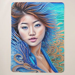 Aqua Fantasy Woman Blue Wave Abstract Art Sherpa Blanket