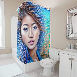Aqua Fantasy Woman Blue Wave Abstract Art Shower Curtain
