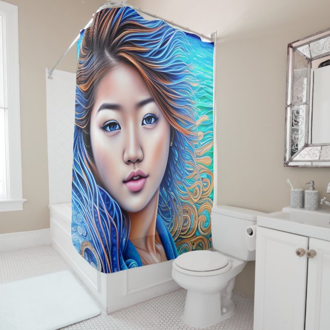 Aqua Fantasy Woman Blue Wave Abstract Art Shower Curtain (In Situ)