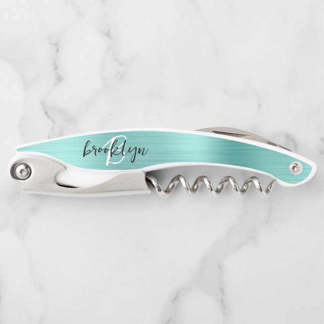 Aqua Faux Brushed Metal Monogram Script Corkscrew (Front)