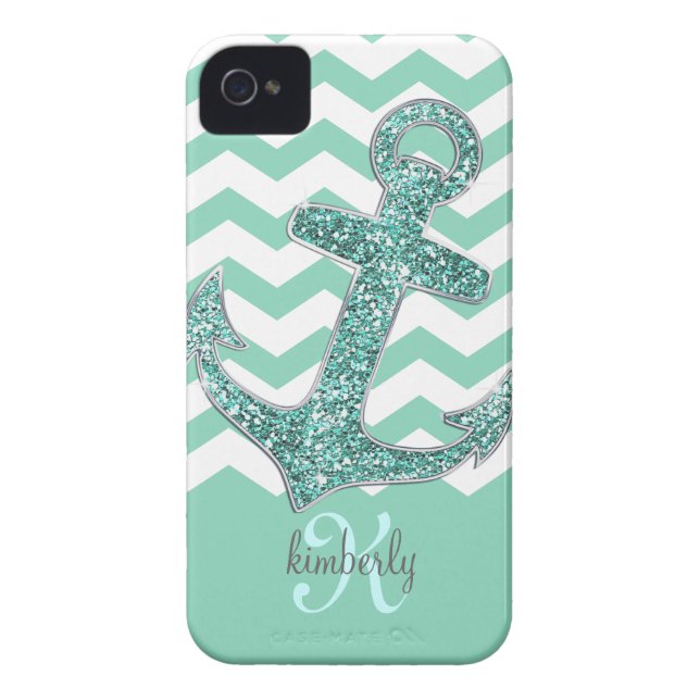 Aqua Faux Glitter Anchor Chevron Personalised Case-Mate iPhone Case (Back)