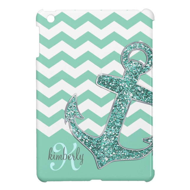 Aqua Faux Glitter Anchor Chevron Personalised iPad Mini Case (Back)