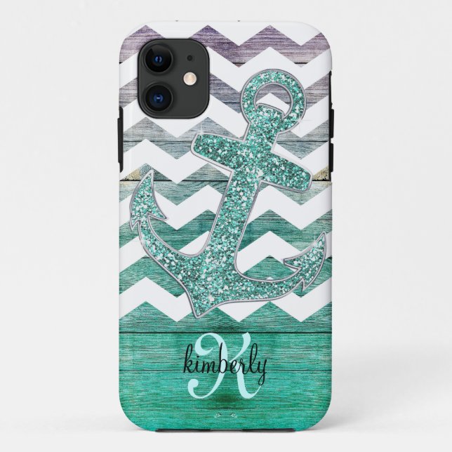 Aqua Faux Glitter Anchor Wood Chevron Personalised Case-Mate iPhone Case (Back)
