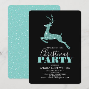 Aqua Faux Glitter Deer Christmas Party Invitation