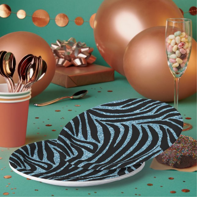 Aqua Faux Glitter Zebra Print Paper Plate (Multi)