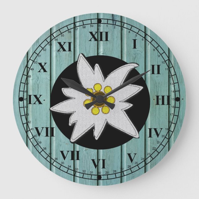 Aqua Faux Wood & Edelweiss  Large Clock (Front)