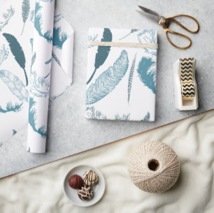 Aqua Feathers Wrapping Paper