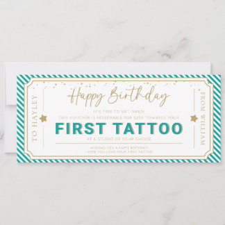 Aqua First Tattoo Birthday Gift Voucher Invitation