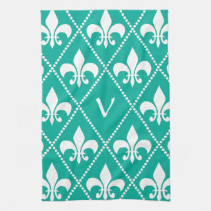 Aqua Fleur de Lis with monogram initial Tea Towel