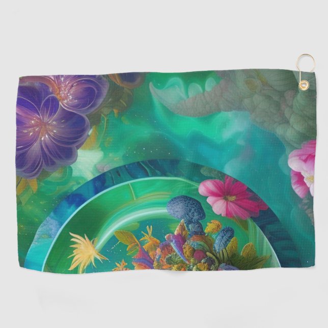Aqua Floral Abstract underwater Garden   Golf Towel (Horizontal)
