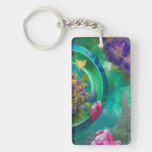 Aqua Floral Abstract underwater Garden Key Ring