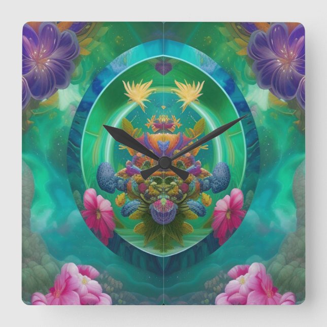 Aqua Floral Abstract underwater Garden  Square Wall Clock (Front)