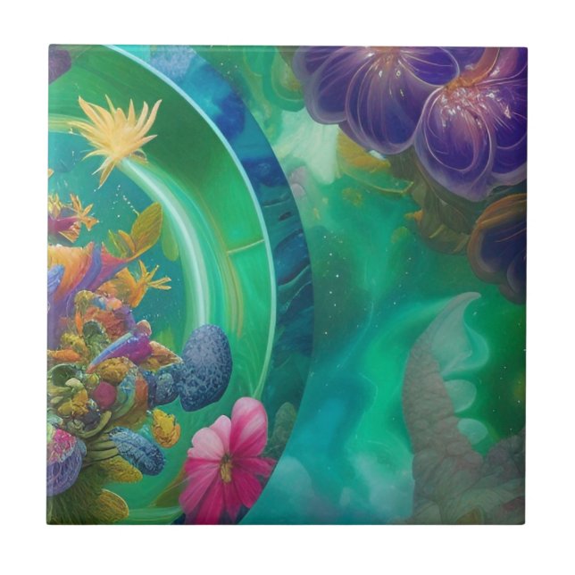 Aqua Floral Abstract underwater Garden   Tile (Front)